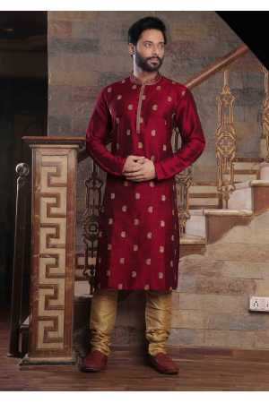 Maroon with Gold Color Silk Kurta Set